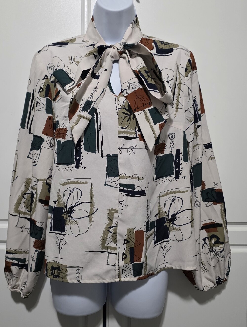 SHEIN Womens Ivory Abstract Geometric Artsy Sketch Print Tie Neck Longsleeve Top - Picture 2 of 16